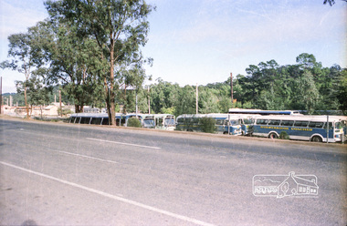 Photograph, Hurstbridge Coaches depot and Hurstbridge rail station, Heidelberg-Kinglake Road, Hurstbridge, c.1980