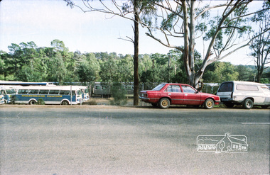 Photograph, Hurstbridge Coaches depot and Hurstbridge rail station, Heidelberg-Kinglake Road, Hurstbridge, c.1980