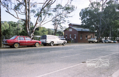 Photograph, Hurstbridge Coaches depot and Hurstbridge rail station, Heidelberg-Kinglake Road, Hurstbridge, c.1980