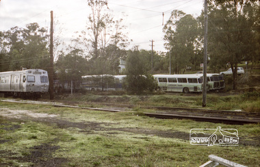 Photograph, Hurstbridge Coaches depot and Hurstbridge rail station, Heidelberg-Kinglake Road, Hurstbridge, c.1980