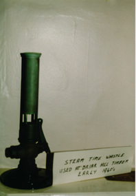 Photograph, Blacksmith's Bellows, Handwater Pump and Steam Time Whistle used at Briar Hill Timber Mill, Heritage Week, 1990