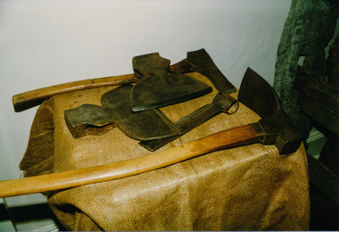 Photograph, Axes used in cutting post and rail fences, Heritage Week, 1990, 1990
