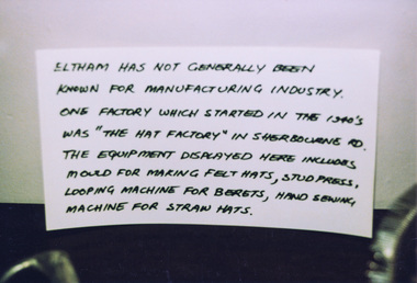 Photograph, Hat making equipment, Heritage Week at 728 Main Road, Eltham, 1990, 1990