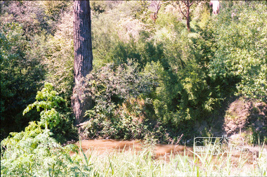 Photograph, Marjorie North, Plenty River, Plenty River Trail, Montmorency flowing south behind the tennis courts and cricket/football field, 1985, 1985