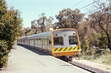 Photograph, Marjorie North, Train arriving at Montmorency Railway Station from Melbourne, 1986