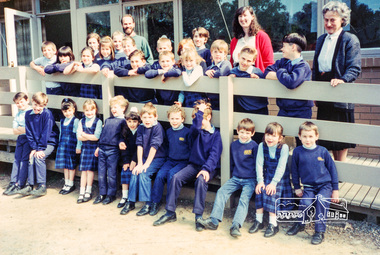 photograph, Principal Trevor Nollis and Teacher Jean Bellis with visitor Mrs Edith Phillips and the children of Eltham Christian School, 16 Sep 1993, 1993