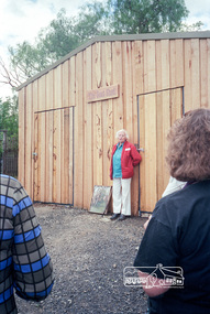 Photograph, The naming ceremony performed by Claire Fitzpatrick at 'unofficial' opening of the Goat Shed, Eltham Living and Learning Centre, 3 December 1989