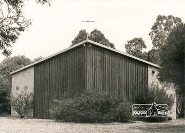 Photograph, The Church of the Transfiguration, Research, c.1985 showing the front of the church building. The entrance was at back of church