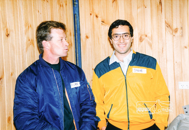 Photograph, Alan and Steve at the Eltham Living and Learning Centre "Goat Shed" - official opening by Cr. Peter Graham, Shire President, 30 May 1991, 30/05/1991