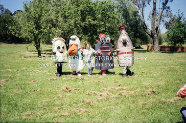 Photograph, Cr Mary Grant with Recycling mascots, c.1990