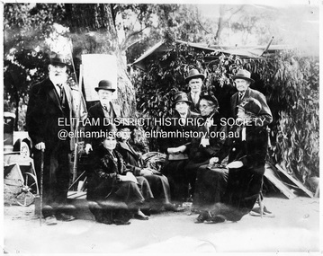 Photograph, Back to Panton Hill. L-R: Messrs. Tom McLaughlin, Sammy Cracknell, Bill Joyce and Leon Petit. Sitting: Mrs. Pat Plunkett, Mrs. Jim Shanhun, Mrs. F. Motschall, Mrs. F. Clark, c.1929