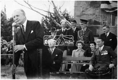 Photograph, War Memorial at Kangaroo Ground. Dedication of Tower and Cottage by Gen. Sir Dallas Brooks, K.C.B., C.M.G., D.S.O., K.St.J., 16 November 1951