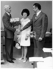 Photograph, Eltham - Councillor J.O. White farewelling Councillor A.F.C. Glover, Ex-President of the Shire of Eltham, and Mrs. Glover, 1972