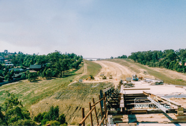 Photograph, Looking east across the new 5-span bridge construction across the Plenty River; Greensborough Bypass construction, c.1986, 1986c