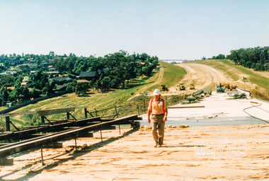 Photograph, Looking east across the new 5-span bridge construction across the Plenty River; Greensborough Bypass construction, c.1986, 1986c