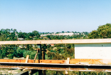 Photograph, Looking slightly east of south  towards Greensborough Plaza from near the Plenty River; Greensborough Bypass construction, c.1986, 1986c