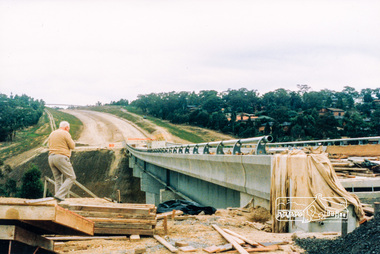 Photograph, Looking east across the new 5-span bridge construction across the Plenty River; Greensborough Bypass construction, c.1986, 1986c