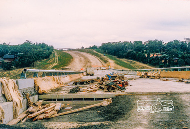 Photograph, Looking east across the new 5-span bridge construction across the Plenty River; Greensborough Bypass construction, c.1986, 1986c