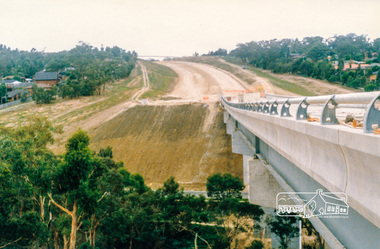 Photograph, Looking east across the new 5-span bridge construction across the Plenty River; Greensborough Bypass construction, c.1986, 1986c
