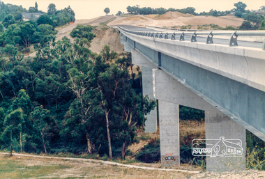Photograph, Looking east across the new 5-span bridge construction across the Plenty River; Greensborough Bypass construction, c.1986, 1986c