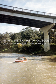 Photograph, A Holden Gemini car in the Yarra River near Westerfolds Park, Templestowe, 1985