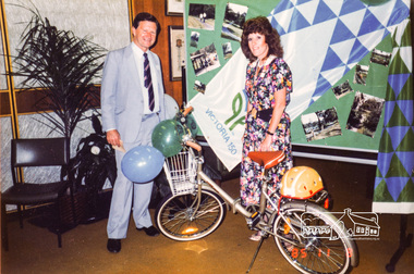 Photograph, The Hon. John Miles and Cr. Mary Grant, J.P., Shire President, Opening of the Eltham Lower Park Bike Track, 1985, 1985
