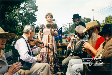Photograph, Victorian Folk Music Club and Joh Ebeli (in beard), Eltham Festival Community Parade, 11 November 1989, 07/11/1987