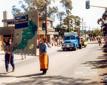 Photograph, Doug Orford and Sue Law carry the Society Banner, Eltham Festival Community Parade, 11 November 1989, 11/11/1989