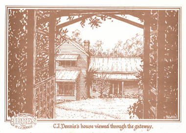 Postcard, "The Singing Garden", previous home of C.J. Dennis, Toolangi