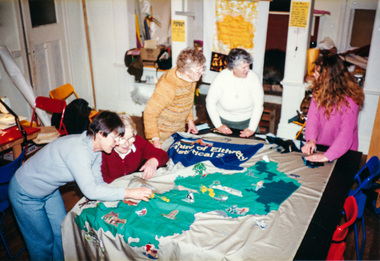 Photograph, Working on the Society Banner at Meruka House, Shire of Eltham, "As We Are" Community Banner Project, 1986, 1986