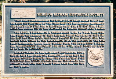 Photograph, Peter Bassett-Smith, Memorial Plaque at corner of Main Road and Pitt Street, Eltham commemorating the 20th Anniversary of Eltham District Historical Society, 10 October 1987, 10/10/1987