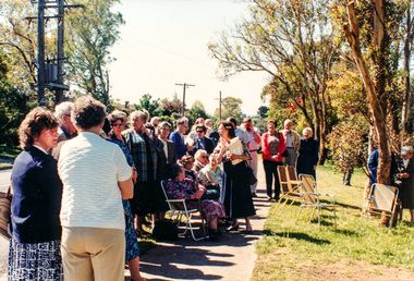 Photograph, Unveiling of the commemorative plaque on Walter Withers Rock at the corner of Bible and Arthur Streets, Eltham, 13 Oct 1990, 13/10/1990