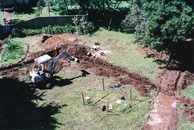 Photograph, Water reticulation trench being dug for Windmill Palms, viewed from top of War Memorial Tower, Kangaroo Ground