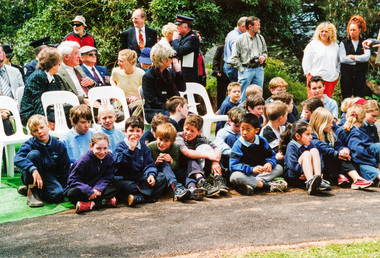 Photograph, Christine Delaney, Nillumbik Shire Council, Students from Kangaroo Ground Primary School, Rededication Ceremony, War Memorial Tower, Kangaroo Ground. 8 November 2001, 08/11/2001