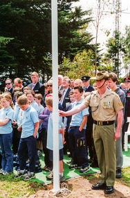 Photograph, Christine Delaney, Nillumbik Shire Council, Flag Officer from Simpson Barracks (Watsonia), Rededication Ceremony, War Memorial Tower, Kangaroo Ground. 8 November 2001, 08/11/2001