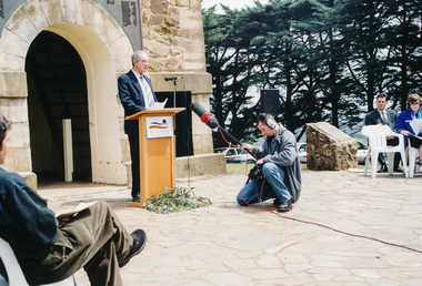 Photograph, Jim Wandin, Wurundjeri Elder welcomes all to this site of his people, Rededication Ceremony, War Memorial Tower, Kangaroo Ground. 8 November, 2001, 08/11/2001