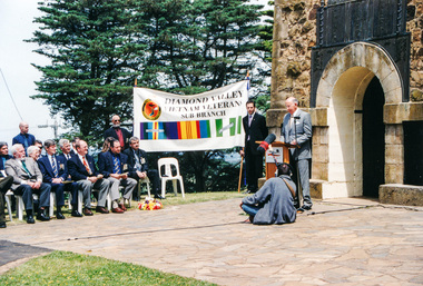 Photograph, John Landy, AC, CVO, MBE, Governor of Victoria, addresses guests, Rededication Ceremony, War Memorial Tower, Kangaroo Ground. 8 November 2001, 08/11/2001