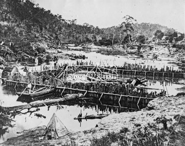 Negative - Photograph, Carl Walter 1831-1907, Coffer dam in the Yarra River at Anderson's Creek, 1864