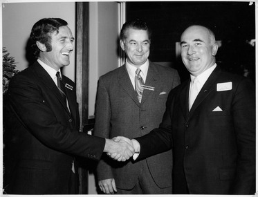 Photograph, Book launch "Pioneers & Painters"; Cr. G.C. Dreverman, Cr. A.F.C. Glover and Mr. R.W. Fell, M.L.A., 7 July 1971, 7 Jul 1971