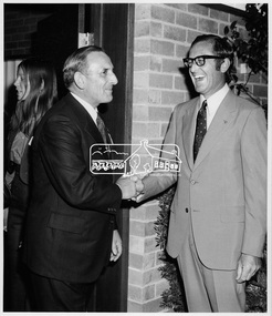 Photograph, Cr. Dreverman welcoming Mr. Jack Wright to Buffet Dinner, 7 Jul 1971