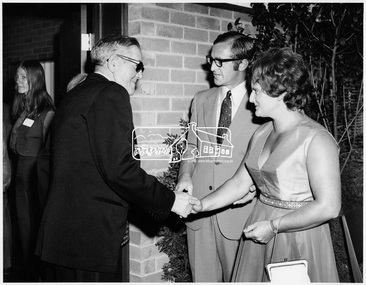 Photograph, Cr. and Mrs. Dreverman welcoming Mr. Jack Truscott to Buffet Dinner, 7 Jul 1971