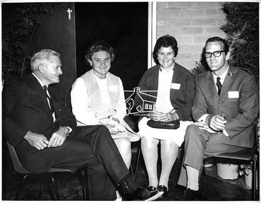 Photograph, Four guests at Buffet Dinner. Left: Mr. Higgins Methodist Minister, Eltham, Mrs. Higgins and Captain Brian Robertson and Captain Irene Robertson of the Salvation Army, 7 Jul 1971