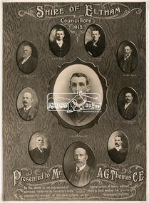 Negative - Photograph, Councillors of the Shire of Eltham in 1913. Presented to Mr A. G. Thomas C.E., Shire Secretary (centre), 1913