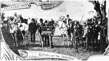 Photograph, Yarra Glen Races "Getting out the Starters" (reproduced from "The Leader", Jan. 6th, 1894, page 31)