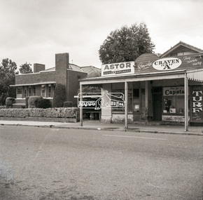 Negative - Photograph, Peter Bassett-Smith (poss), Shire of Eltham Office and Hall and adjacent shops, Main Road, Eltham, c.1961