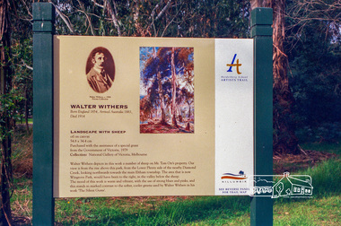 Photograph, Heidelberg Artists Trail sign, "Landscape with Sheep" Walter Withers, Wingrove Park, Eltham, c.May 2001