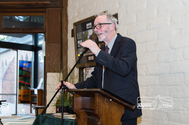 Photograph, Peter Pidgeon, MC and Eltham District Historical Society President, Jim Connor welcomes everyone, 2710/2017