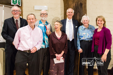 Photograph, Peter Pidgeon, From left: Jim Connor, 6th and current President (2009-curr.), Russell Yeoman, founding member and Secretary since 1969, Harry Gilham, 5th President (1993-2008), Sue Law, 4th President (1985-1992), Mayor Peter Clarke, Diana Bassett-Smith, founding member and 2017 Committe member, the Hon. Vicki Ward, M.P. for Eltham, 2710/2017