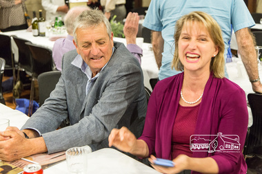 Photograph, Peter Pidgeon, Committee member Tony Brocksopp enjoying a light moment with the Hon. Vicki Ward, M.P. for Eltham, 2710/2017