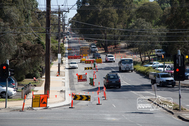 Photograph, Peter Pidgeon, Looking north across Main Road up Bolton Street, Eltham, during Bolton Street upgrade, Eltham, 13 November, 2017, 13/11/2017